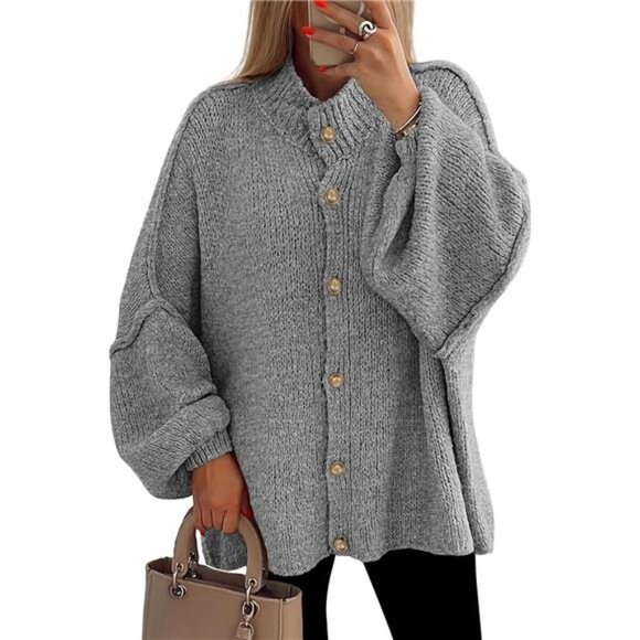 Women's Winter Button Down Cardigan Sweaters Mock Neck Lantern - Picture 1 of 7